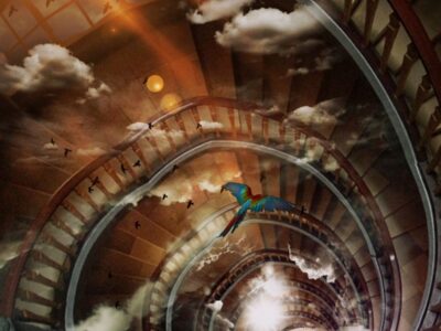 Spiral staircase with clouds and a clock at its centre, evoking the vertigo of endolymphatic hydrops