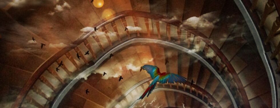 Spiral staircase with clouds and a clock at its centre, evoking the vertigo of endolymphatic hydrops