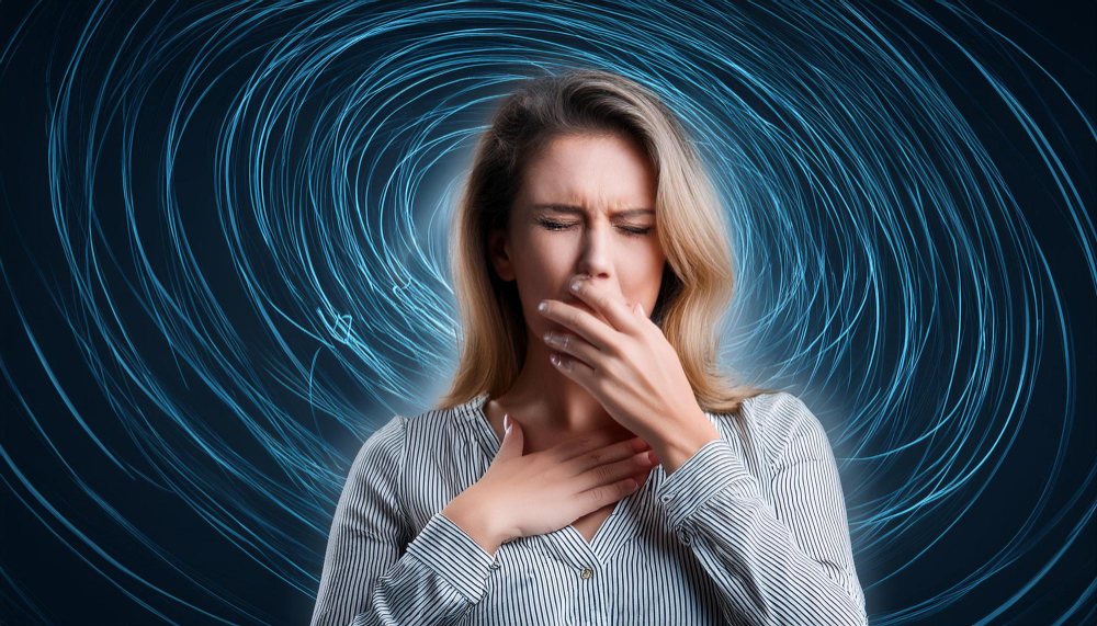 Woman coughing with a hand on her chest, surrounded by blue swirls depicting the dizziness of third window syndrome